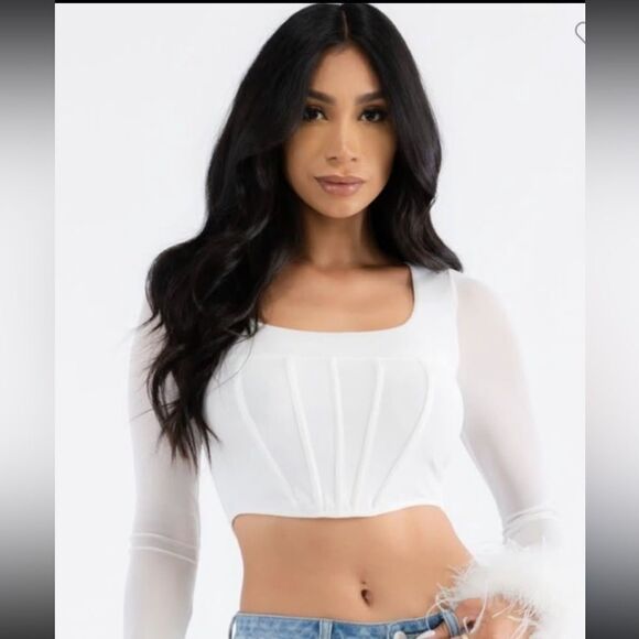 Tops - new, long-sleeved top-type blouses with feathers on the sleeve cuffs